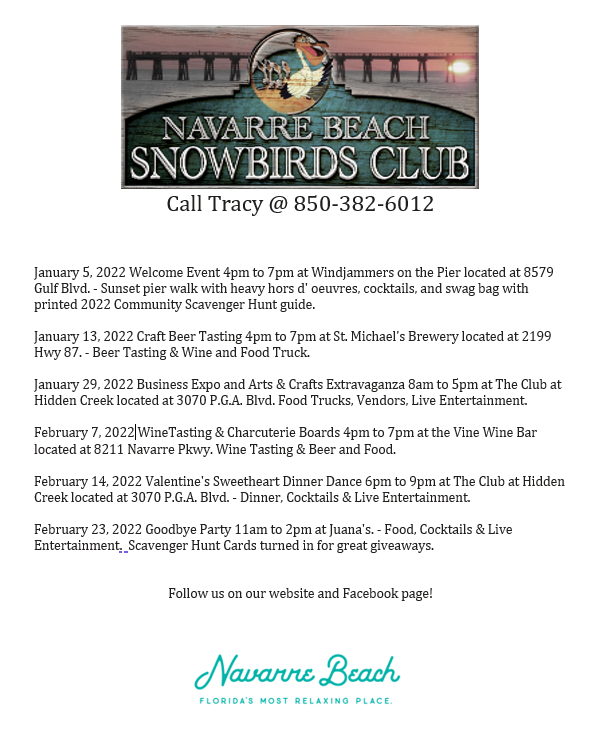 Snowbird Extravaganza 2022 Entertainment Schedule Navarre Beach Snowbirds Club | Florida's Most Relaxing Beach!